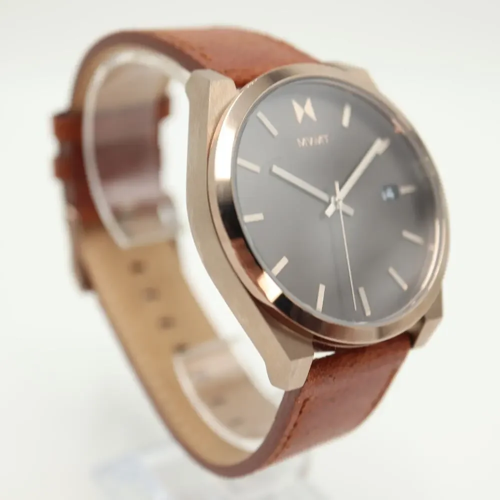 MVMT Element Mens 43mm Brown Bronze Tone Date Watch Leather Strap w New Battery